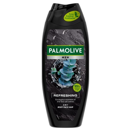 Palmolive Men Odświeżający żel 3 w 1. Czarna butelka z grafiką eukaliptusa i wody. Do ciała, twarzy i włosów.