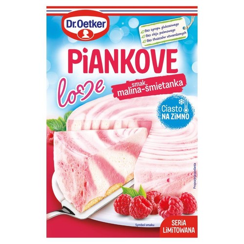 Mieszanka Dr. Oetker Piankove love, ciasto na zimno, smak malina-śmietanka. Opakowanie przedstawia kawałek różowo-białego ciasta i maliny. Produkt bez syropu glukozowego, oleju palmowego i tłuszczów utwardzonych. Limitowana seria.