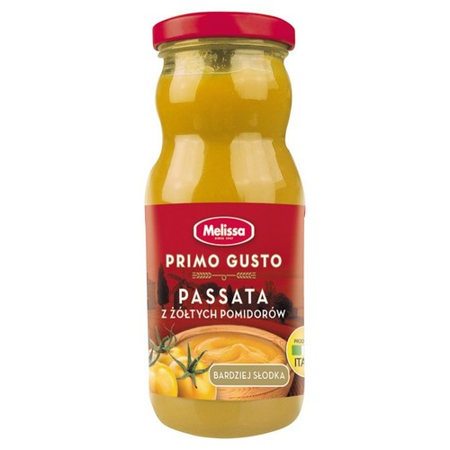 Butelka passaty Melissa Primo Gusto z żółtych pomidorów. Na czerwonej etykiecie napis "Bardziej słodka".