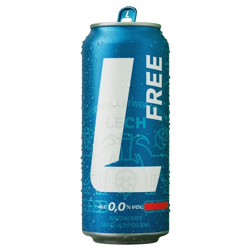 Niebieska puszka piwa bezalkoholowego Lech Free 0,0% vol. z widocznymi kroplami wody. Na etykiecie dominuje duża biała litera L, a obok niej pionowy napis "FREE".
