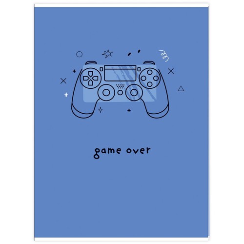 Ilustracja niebieskiego tła z rysunkiem kontrolera do gier i tekstem "game over". Dookoła kontrolera są dekoracyjne symbole.