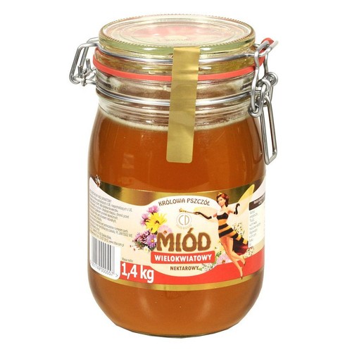 Słoik miodu wielokwiatowego Królowa Pszczół o wadze 1,4 kg. Na etykiecie kobieta-pszczoła i kwiaty.
