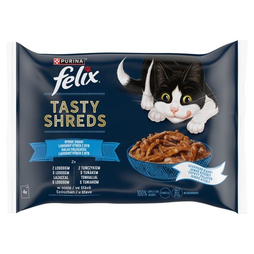 Opakowanie zbiorcze karmy dla kota Felix Tasty Shreds, 4 saszetki. Smaki: łosoś i tuńczyk. Na opakowaniu kot Felix.