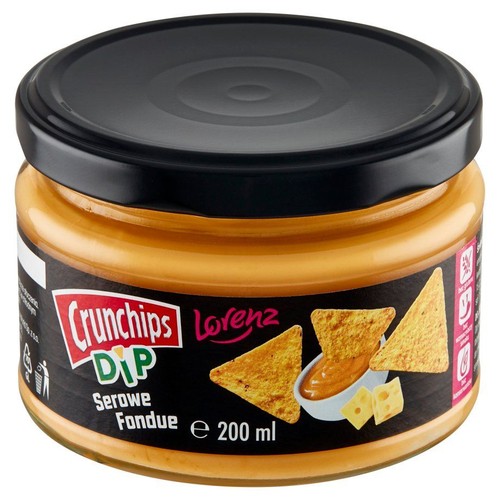 Produkt Crunchips Lorenz Dip Serowe Fondue w przezroczystym słoiku o pojemności 200 ml. Słoik ma czarną zakrętkę. Etykieta przedstawia miseczkę z dipem, dwa chipsy tortilla oraz kawałki sera, sugerując sposób podania.