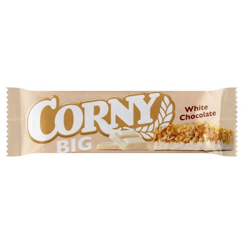 Opakowanie batona Corny BIG o smaku białej czekolady. Beżowa folia z napisem "CORNY BIG" w złotym kolorze. Na opakowaniu znajduje się ilustracja batona zbożowego z białą czekoladą i płatkami, a także kawałki białej czekolady.