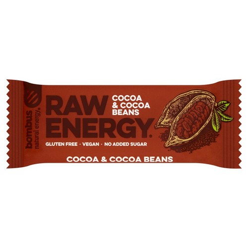 Baton Bombus Raw Energy, 50g, w brązowym opakowaniu z napisem "Cocoa & Cocoa Beans". Grafika przedstawia strąk kakaowca. Bez dodatku cukru.