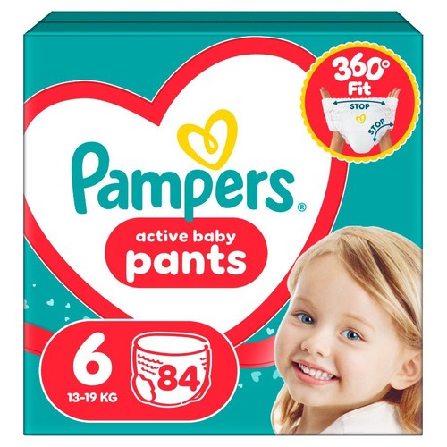Turkusowe opakowanie pieluchomajtek Pampers, rozmiar 6, dla dzieci 13-19 kg. Zawiera 84 sztuki. Widoczna grafika dziecka i logo.