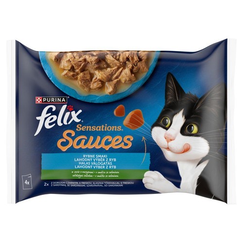 Karma dla kota Felix Sensations, 4x85g, rybne smaki w sosie. Niebieska torebka z wizerunkiem kota i kawałkami karmy w misce.