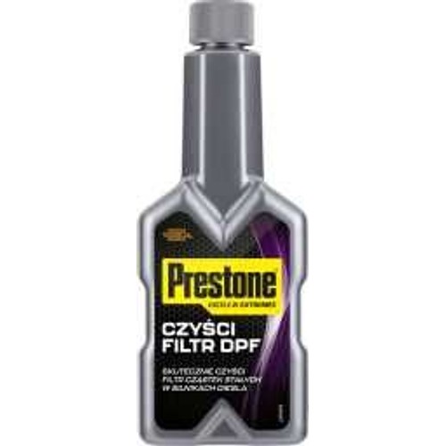 Szara butelka Prestone do czyszczenia filtra DPF. Etykieta z napisem "CZYŚCI FILTR DPF" na czarnym tle.