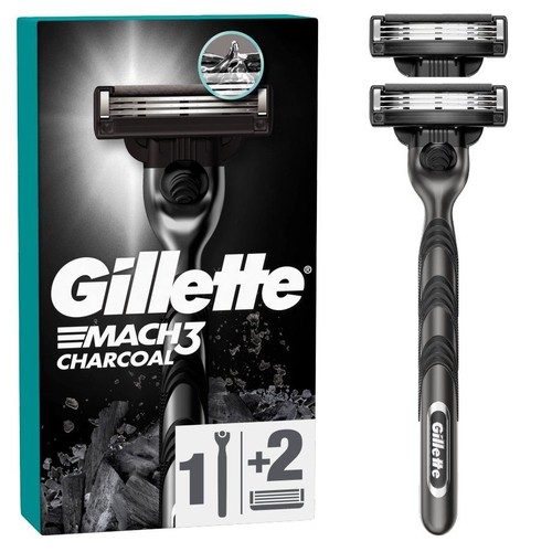 Zestaw Gillette EMach3 Charcoal: maszynka do golenia z uchwytem i 2 zapasowymi wkładami. Czarne opakowanie.