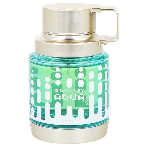 Perfumy Odyssey Aqua w eleganckim flakonie. Przezroczyste szkło, etykieta z napisem "Odyssey Aqua" i wzorem z białych i zielonych kształtów. Złoty korek z uchwytem.