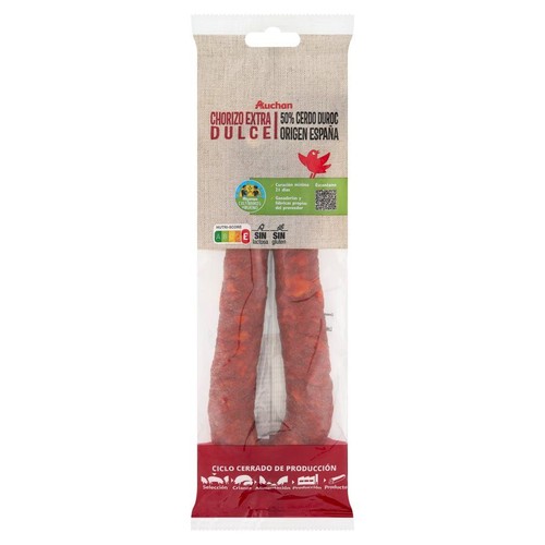Opakowanie Auchan Chorizo Extra Dulce, 50% Duroc, pochodzenie Hiszpania. Dwie kiełbasy, bez laktozy i glutenu.