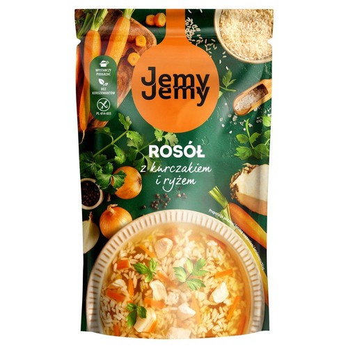 Jemy Jemy Rosół z kurczakiem i ryżem w zielonej torebce. Grafika przedstawia składniki i gotową zupę. Bez konserwantów, bez glutenu.