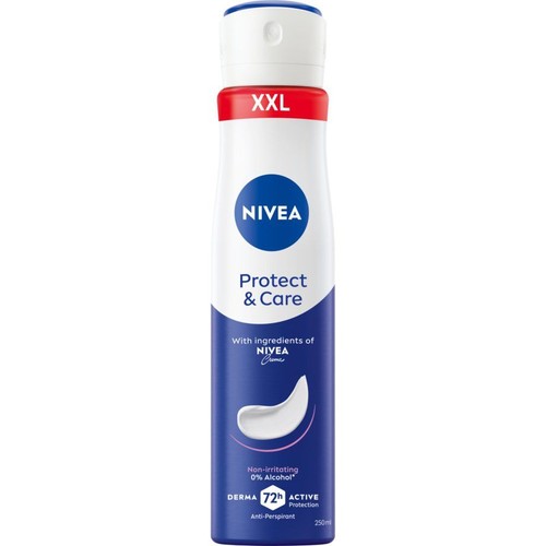 Antyperspirant Nivea Protect & Care 250 ml. Biało-niebieska butelka w sprayu z logo Nivea.