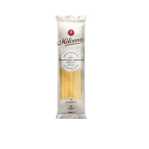 Białe opakowanie makaronu La Molisana Spaghetti nr 15, 500g. Z przodu widoczny fragment makaronu. Etykieta informuje o wyselekcjonowanym ziarnie, łuskaniu kamieniem i produkcji we Włoszech.