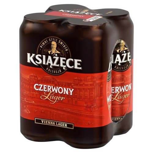 Zestaw czterech puszek piwa Książęce Czerwony Lager, połączonych folią. Puszki są ciemne, a ich czerwone etykiety zawierają biały napis "Czerwony Lager" oraz informację "Piwne Style Świata". Widoczny jest też wizerunek mężczyzny.