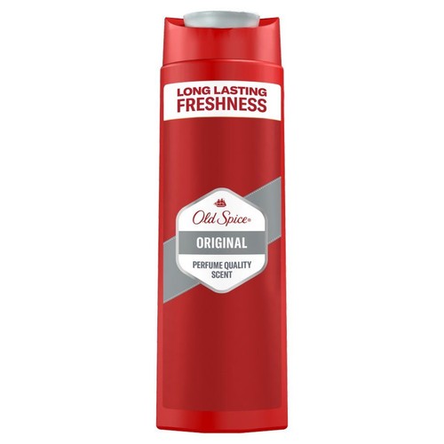 Żel pod prysznic Old Spice Original w czerwonej butelce. Etykieta z napisem "Zapach o jakości perfum".