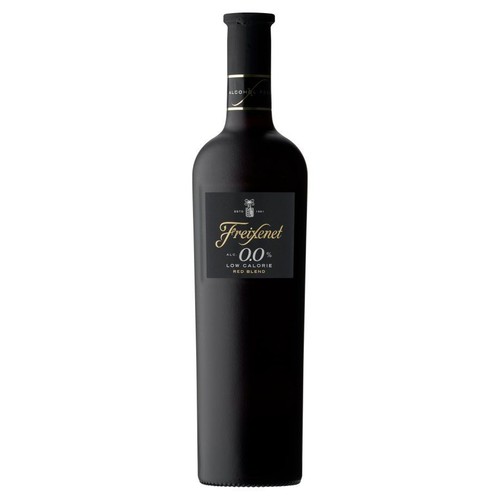 Ciemna butelka Freixenet, bezalkoholowy napój typu czerwona mieszanka. Na czarnej etykiecie widnieje nazwa Freixenet, informacja o 0.0% alkoholu oraz "niskokaloryczny czerwony blend". Butelka ma ciemną zakrętkę.