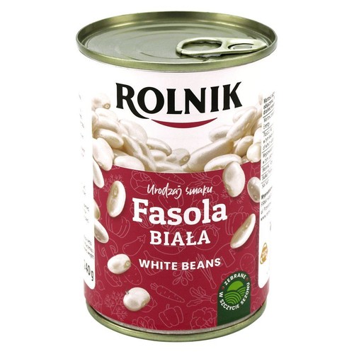 Puszka fasoli białej ROLNIK, 400g. Na etykiecie grafika białych fasolek i napis "Fasola Biała".