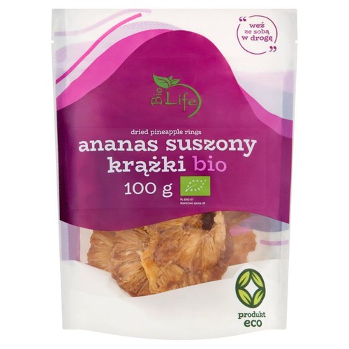 Torebka 100 g suszonych krążków ananasa Bio Life. Produkt ekologiczny, gotowy do zabrania w drogę.