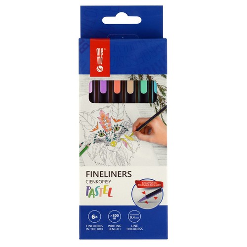 Opakowanie 6 cienkopisów Me&Me Pastel o grubości linii 0,4 mm. Posiadają ergonomiczny, trójkątny kształt dla komfortowego użytkowania. Każdy cienkopis pozwala na pisanie na długości ponad 800 metrów. Na pudełku grafika z ręką kolorującą lisa.