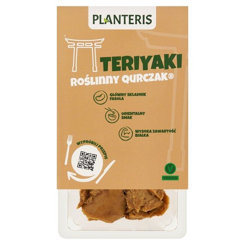 Produkt Planteris Roślinny Qurczak Teriyaki 180g w opakowaniu z tekturową etykietą i przezroczystą tacką.