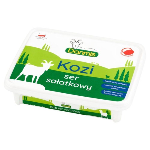 Opakowanie sera koziego sałatkowego Danmis. Etykieta z kozą, zielonymi wzgórzami. Produkt polskiej firmy rodzinnej.
