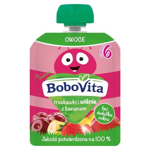 Saszetka BoboVita Owoce: truskawki i wiśnie z bananem. Produkt dla niemowląt od 6 miesiąca, bez dodatku cukru. Różowe opakowanie.