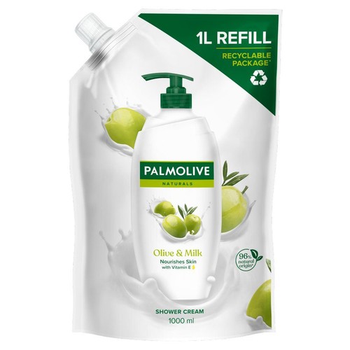 Uzupełnienie Palmolive Naturals Krem pod prysznic Oliwka i Mleko, 1000 ml. Odżywia skórę witaminą E.