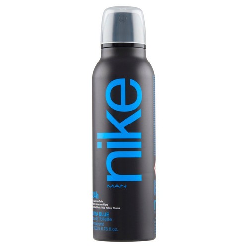 Dezodorant Nike Ultra Blue Man w czarnej puszce 200 ml. Pionowy niebieski napis "nike", przezroczysta nasadka.