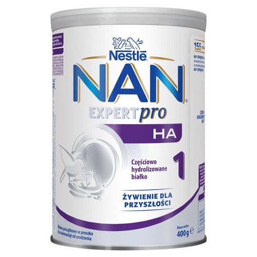 Biała puszka mleka początkowego Nestle NAN EXPERTpro HA 1 dla niemowląt od urodzenia, 400g. Zawiera częściowo hydrolizowane białko.