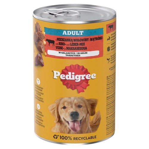 Puszka karmy Pedigree Adult dla psów, mieszanka wołowiny i wątróbki w galaretce. Na etykiecie pies Golden Retriever.