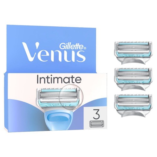 Zestaw 3 wkładów Gillette Venus Intimate do golenia, widoczne opakowanie i wkłady.