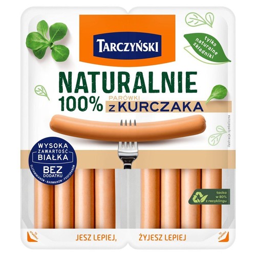 Parówki Tarczyński 100% z kurczaka w opakowaniu. Są to parówki z naturalnych składników, o wysokiej zawartości białka. Nie zawierają glutaminianów, barwników ani fosforanów. Opakowanie jest ekologiczne, wykonane w 80% z recyklingu.