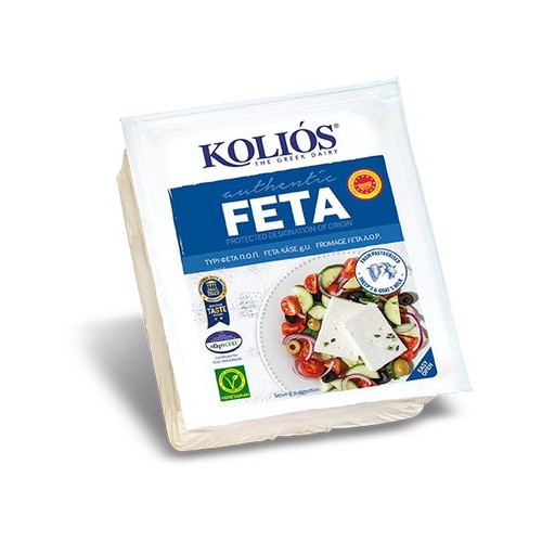 Opakowanie sera feta Kolios 200g. Produkt wegetariański, z mleka owczego i koziego. Posiada certyfikat Chronionej Nazwy Pochodzenia.