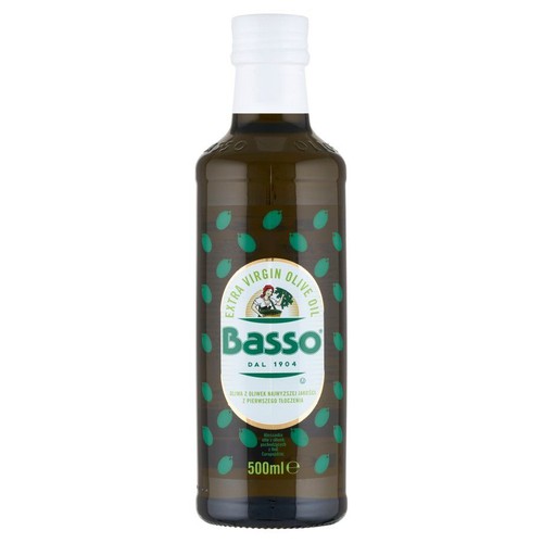 Oliwa z oliwek Basso Extra Virgin w ciemnej butelce 500ml z białą zakrętką. Etykieta z logo Basso i datą "od 1904".