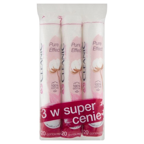 Waciki Cleanic Pure Effect, 3 x 120 sztuk, wykonane ze 100% bawełny. Pakowane w przezroczystą folię.