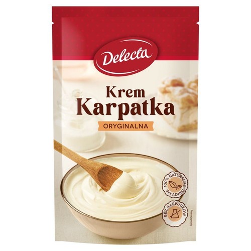 Opakowanie kremu Karpatka Delecta Oryginalna. Na grafice miska z białym kremem i drewniana łyżka.