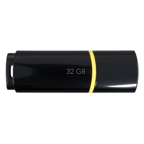 Pendrive USB o pojemności 32 GB, w kolorze czarnym, z ozdobnym żółtym paskiem.