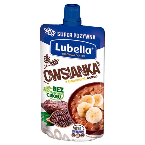 Saszetka Lubella Owsianka z bananami i kakao. Super pożywna, bez dodatku cukru. Źródło witamin C, B6, D.