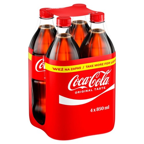 Zestaw 4 butelek Coca-Cola Original Taste, każda po 850 ml. Całość w czerwonym opakowaniu zbiorczym.