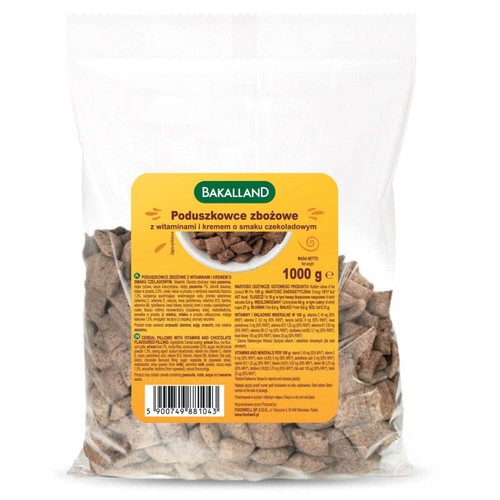 Bakalland Poduszkowce zbożowe z kremem czekoladowym, 1 kg. Brązowe poduszeczki w przezroczystej torbie z żółtą etykietą.