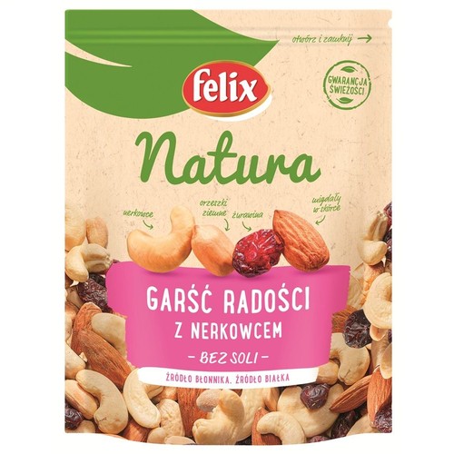 Mieszanka orzechów i suszonych owoców Felix Natura "Garść Radości z Nerkowcem". W skład wchodzą nerkowce, orzeszki ziemne, żurawina i migdały. Produkt bez dodatku soli, bogaty w błonnik i białko. Opakowanie z gwarancją świeżości.