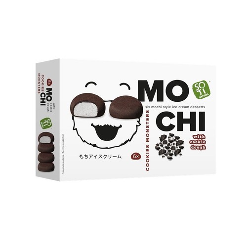 Pudełko Soti Natural Mochi Cookies Monsters. Sześć deserów lodowych mochi z nadzieniem i kawałkami ciasta ciasteczkowego.