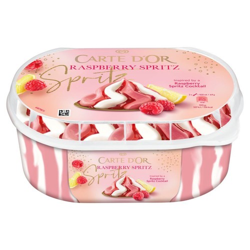 Lody Carte D'Or Raspberry Spritz, 500 ml. Biało-różowe lody w plastikowym opakowaniu z grafiką malin i cytryny.