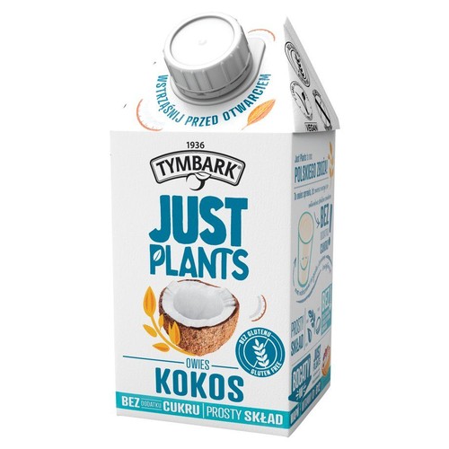 Opakowanie napoju roślinnego Tymbark Just Plants Owies Kokos. Produkt wegański, bez glutenu, bez dodatku cukru i o prostym składzie. Na froncie grafika połówki kokosa i kłosów owsa. Na górze kartonu napis: Wstrząśnij przed otwarciem.