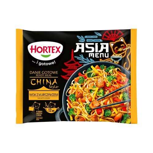 Hortex Danie Gotowe Wok z kurczakiem. Na opakowaniu grafika woka z makaronem, kurczakiem, brokułami i papryką.