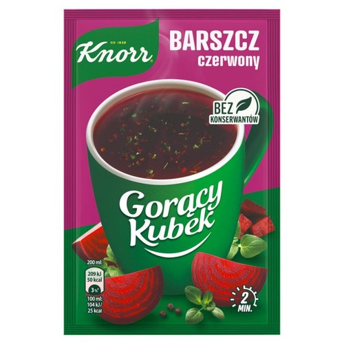 Opakowanie Knorr Gorący Kubek Barszcz czerwony. Przedstawia zielony kubek z parującym barszczem, otoczony świeżymi burakami i ziołami. Produkt jest bez konserwantów i wymaga 2 minut przygotowania.