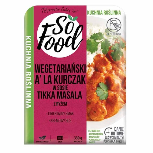 Opakowanie So Food Wegetariański A'la Kurczak w sosie Tikka Masala z ryżem. Danie gotowe, 330g, dla wegetarian.