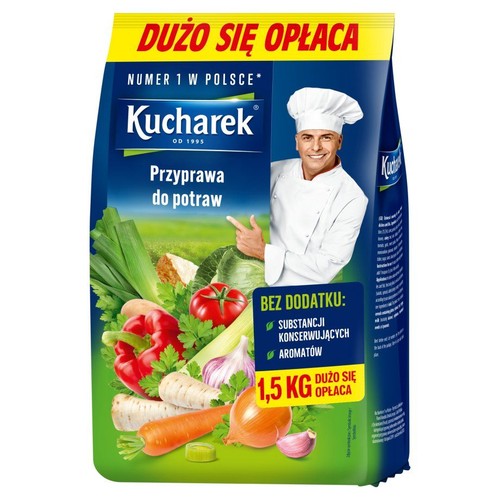 Kucharek Przyprawa do potraw, 1.5 kg. Opakowanie z wizerunkiem szefa kuchni i warzywami. Bez konserwantów i aromatów.